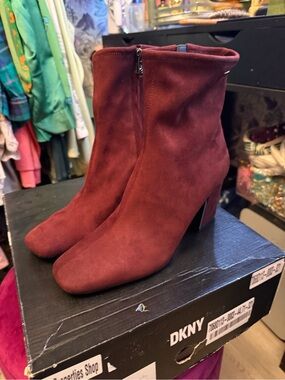 DKNY Wine Suede Block Heel Ankle Boots